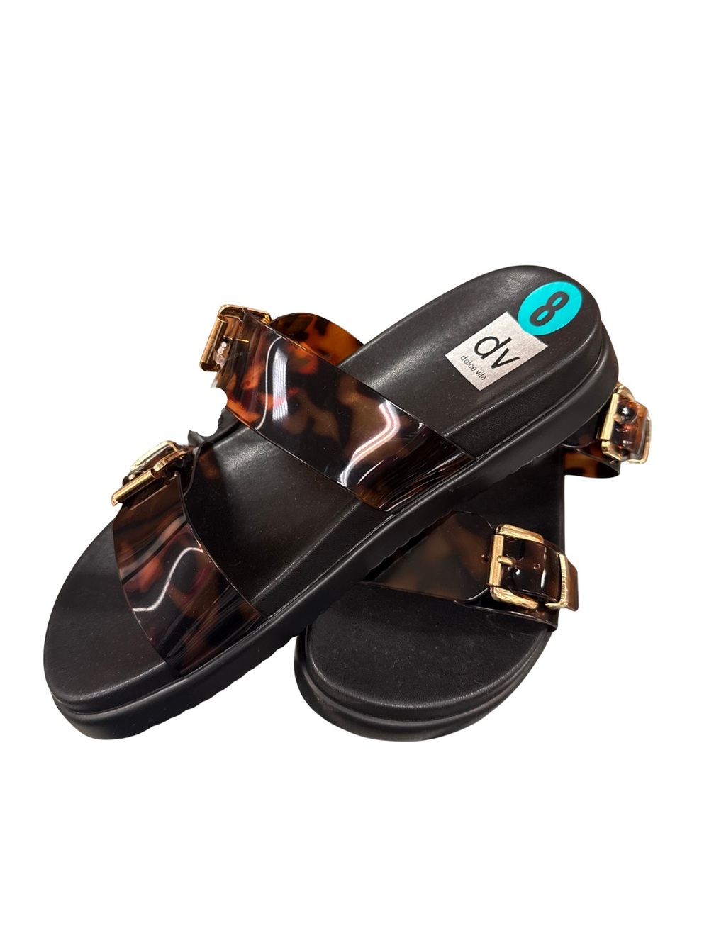 DV by Dolce Vita Black Slide Sandals with Tortoiseshell Straps and Gold Buckles